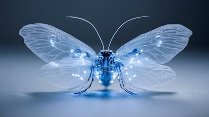 A futuristic, ethereal insect, featuring translucent wings adorned with glowing blue lights, showcasing intricate, detailed mechanical components.