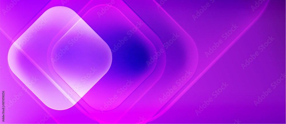 Poster abstract purple background. concentric squares create glowing effect. lines extend from center, form