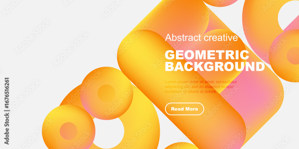 Poster abstract orange shapes overlap black background. text reads geometric background, includes button. m
