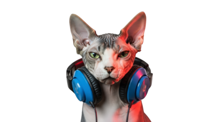 A hairless sphynx cat wearing large blue headphones, with red light reflecting on its face, looking serious, isolated on transparent background