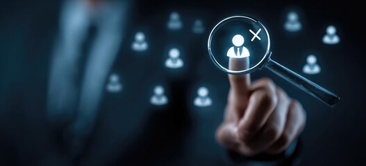 A hand selecting a person icon from a group with a magnifying glass
