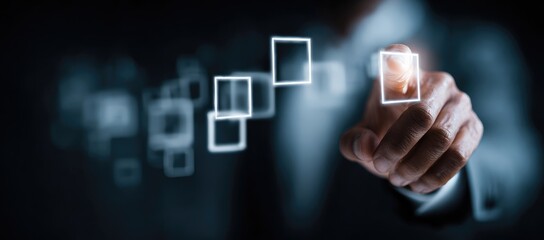 Hand interacting with glowing square interface elements