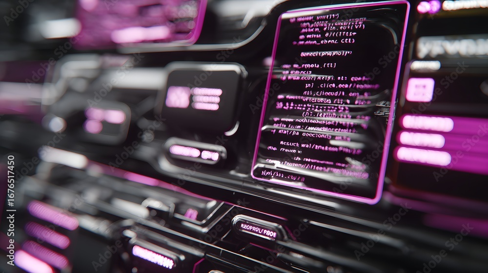 Poster futuristic dashboard with glowing pink code displays a complex system of interconnected controls.