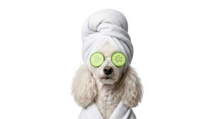A white poodle dog wearing a white bathrobe and a white towel on its head, with cucumber slices on its eyes, isolated on transparent background