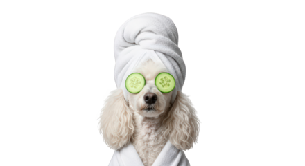 A white poodle dog wearing a white bathrobe and a white towel on its head, with cucumber slices on its eyes, isolated on transparent background