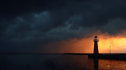 Fototapeta premium A dramatic lighthouse stands sentinel amidst a vibrant sunset and stormy clouds over calm water.