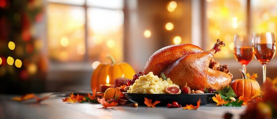 Festive Thanksgiving feast with roasted turkey and autumn decor
