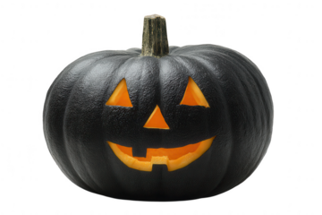 A black jackolantern with a carved face isolated on transparent background