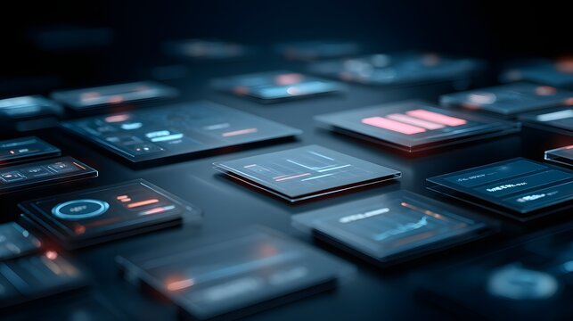 A collection of interactive digital displays showcasing various data visualizations and information, arranged in a dynamic and layered presentation.