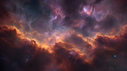 Fototapeta premium A breathtaking vista of swirling nebulae, vibrant with hues of orange and purple, displays a captivating cosmic landscape, full of starlit clouds and celestial dust.