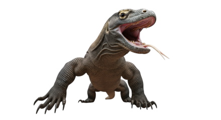 A large komodo dragon with its mouth open and tongue flicking, displaying its powerful jaws and sharp teeth, isolated on transparent background