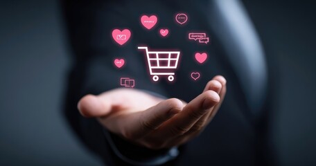 A hand holds a floating shopping cart icon, surrounded by heart and chat icons, suggesting online shopping and social connection