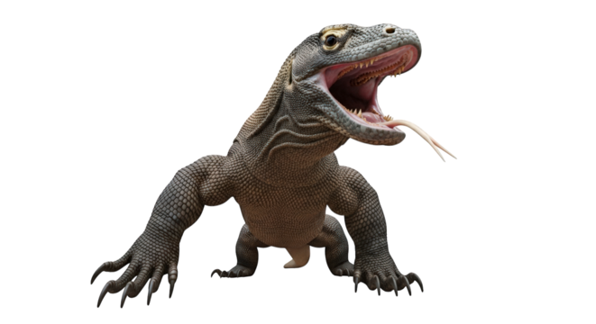 A large komodo dragon with its mouth open and tongue flicking, displaying its powerful jaws and sharp teeth, isolated on transparent background