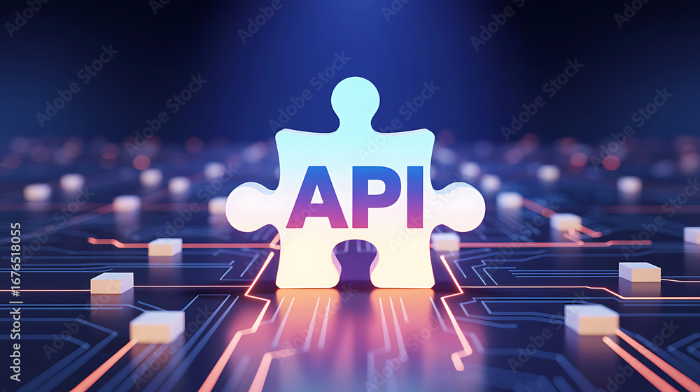 Fototapete unlock seamless integration with the central api puzzle piece connecting digital networks and data f