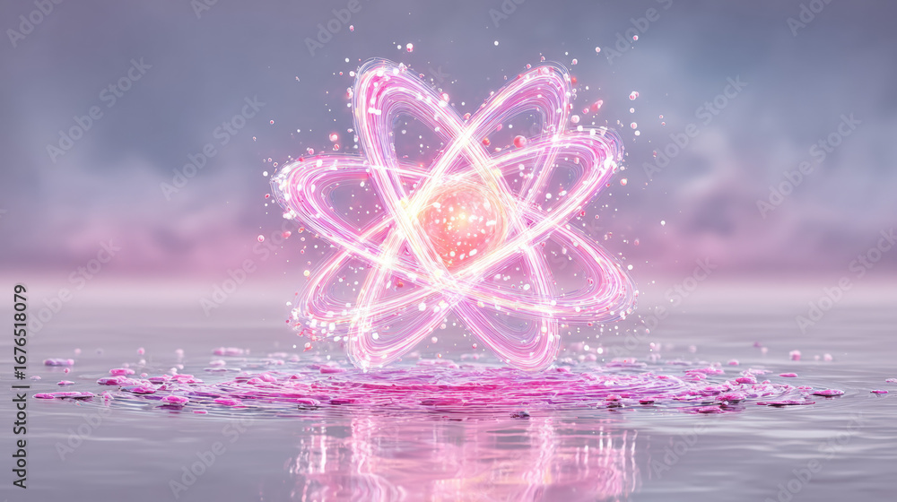 Poster atom, a glowing atom floating in space with a colorful trail effect.