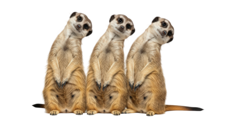 Three meerkats stand upright in a row, looking curiously to the side with their heads tilted, isolated on a transparent background