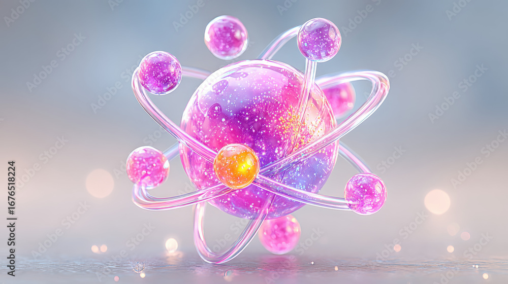 Poster atom, 3d animated illustration of atomic structure with electron paths.