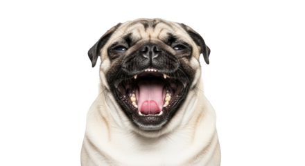 Closeup portrait of a happy pug dog with its mouth wide open and tongue out, isolated on transparent background, showing its teeth and pink gums, conveying joy and excitement
