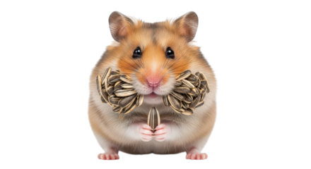 A fluffy hamster with full cheeks stuffed with seeds, holding one seed in its paws, isolated on transparent background, showcasing its hoarding behavior and cute appearance