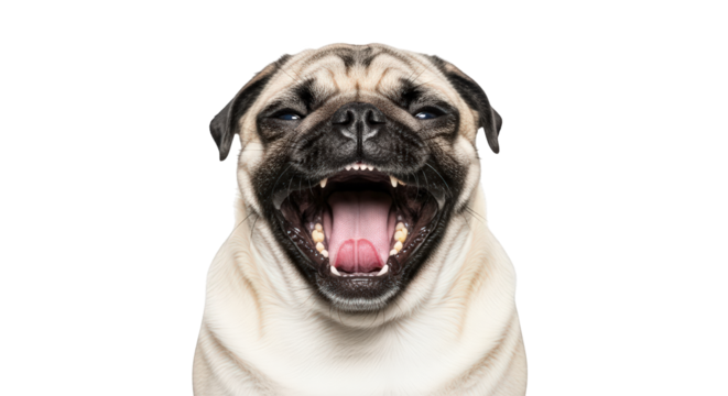 Closeup portrait of a happy pug dog with its mouth wide open and tongue out, isolated on transparent background, showing its teeth and pink gums, conveying joy and excitement