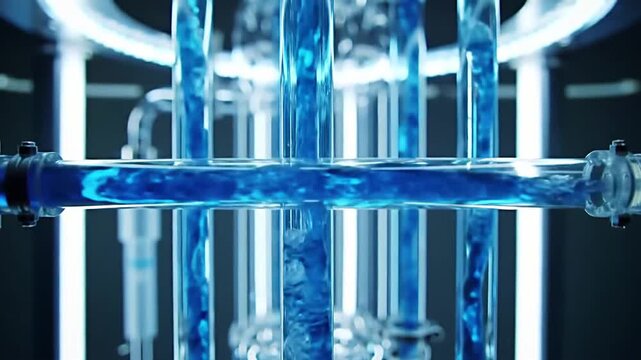 Bright blue liquid flowing through a complex system of clear glass pipes and tubes in a modern laboratory or industrial setting, illuminated by internal lights.