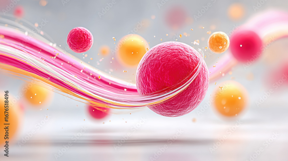 Poster atom, bouncing atoms with exaggerated movement and bold colors in a digital design.