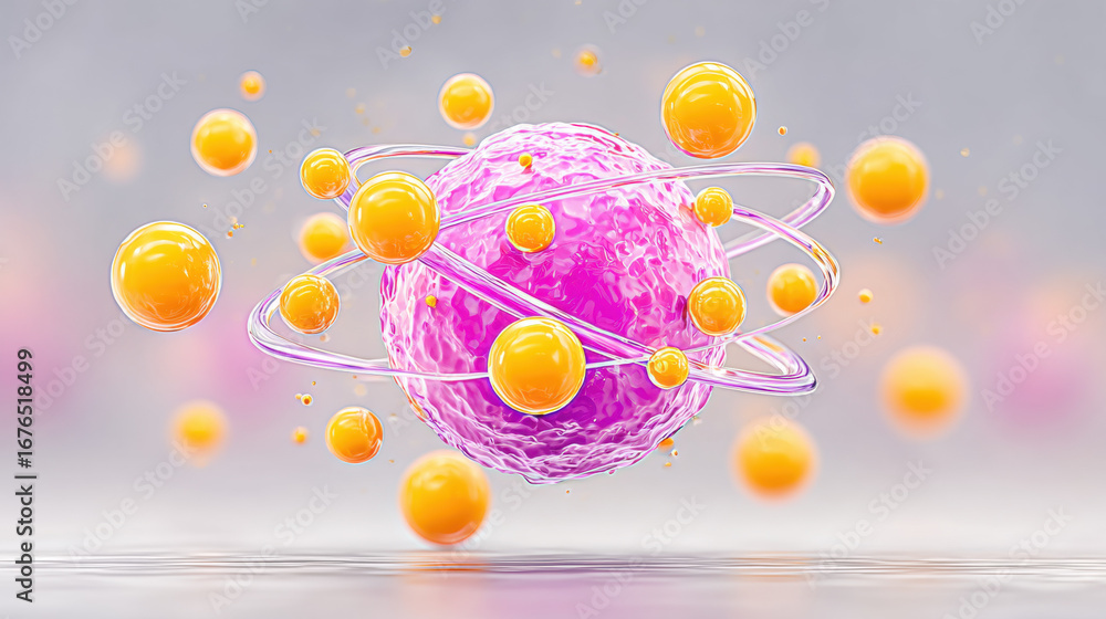 Poster atom, dynamic atomic motion with vibrant colors in exaggerated style.