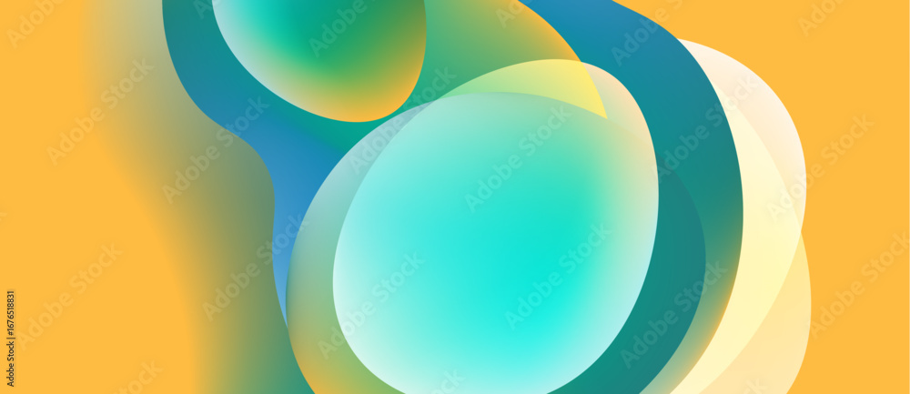 Poster abstract composition featuring overlapping circles, gradients, warm yellow background. soft hues cre