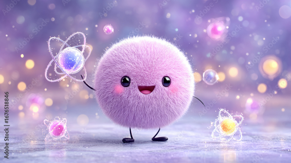 Poster atom, a curious atom exploring the cosmos in a science adventure image.