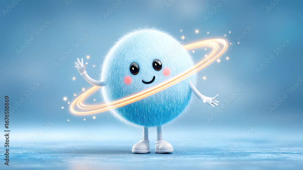 Poster atom, curious atom exploring the universe in a science-themed illustration.