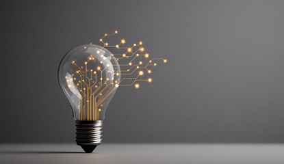 Transparent lightbulb with glowing circuit board design