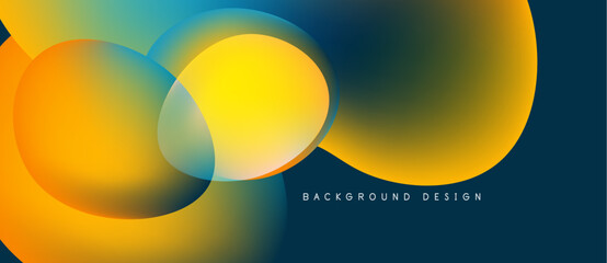 Abstract fluid shapes blend, creating vibrant orange, yellow, teal gradients. Modern design evokes energy, movement, depth. Background features text.