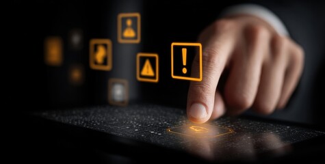 Hand interacting with a tablet displaying warning icons