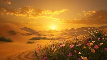 A desert sunset with a cluster of desert wildflowers blooming in sand dunes, golden sky above 
