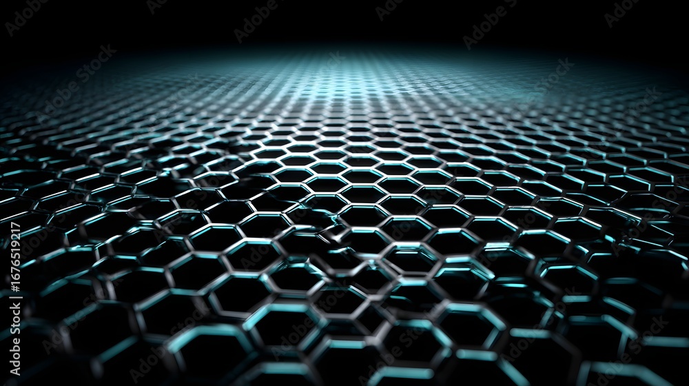 Poster a detailed close-up view of a futuristic hexagonal grid pattern, highlighted with vibrant teal accen