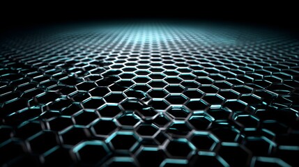 Naklejka premium A detailed close-up view of a futuristic hexagonal grid pattern, highlighted with vibrant teal accents, exhibiting depth and intricate design elements.