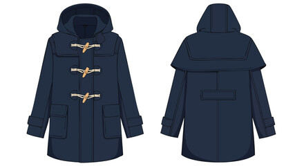 Illustrated navy duffle coat, showcasing a classic outerwear design with its unique toggle closures and hood, front and back view displayed on a