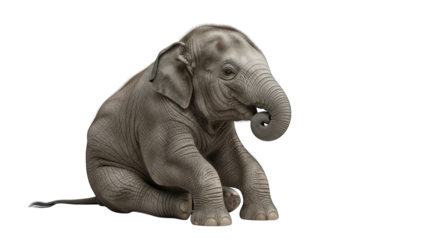 A huge gray elephant with big tusks and a long trunk is standing on a transparent background