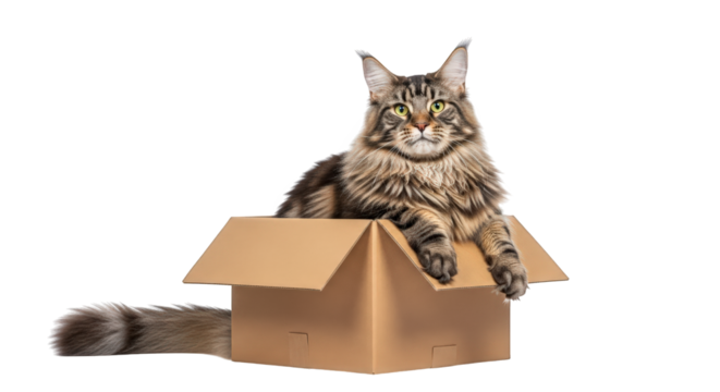 An adorable small tabby kitten with white fur sits inside a red box on a transparent background
