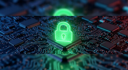 Illuminated Green Digital Lock Over Circuit Board Representing Cybersecurity Environments and Technological Safeguards in Modern Computing
