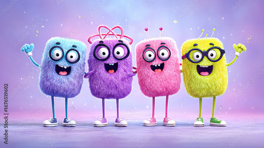Aufkleber atom, wacky 3d atom characters with a humorous science theme.
