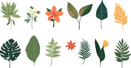 Naklejka premium Collection of stylized tropical leaves and flowers in vibrant colors on a white background