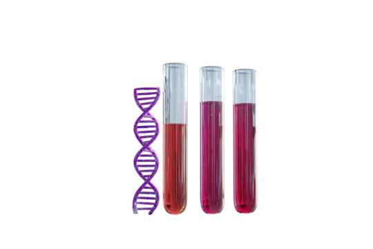 Two test tubes filled with a reddish liquid, alongside a DNA strand graphic