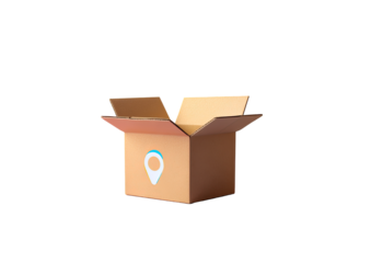 Open cardboard box with a light teal location pin graphic