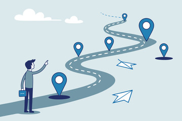 Success roadmap journey, milestone or career path achievement, route or pathway to achieve goals, accomplishment, assessment or way to success, businessman look at achievement milestone to success. 