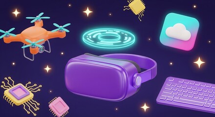 A vibrant 3D illustration showcasing modern technology with a drone, VR headset, cloud app, and circuit boards against a starry background.