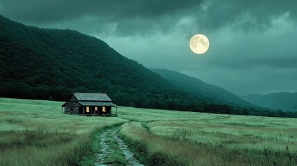 Sinister cabin in the woods with glowing green windows, overgrown path, and an ominous full moon casting long shadows 