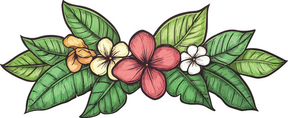 Fototapeta premium Vibrant hand drawn tropical flower arrangement with lush green leaves and white background