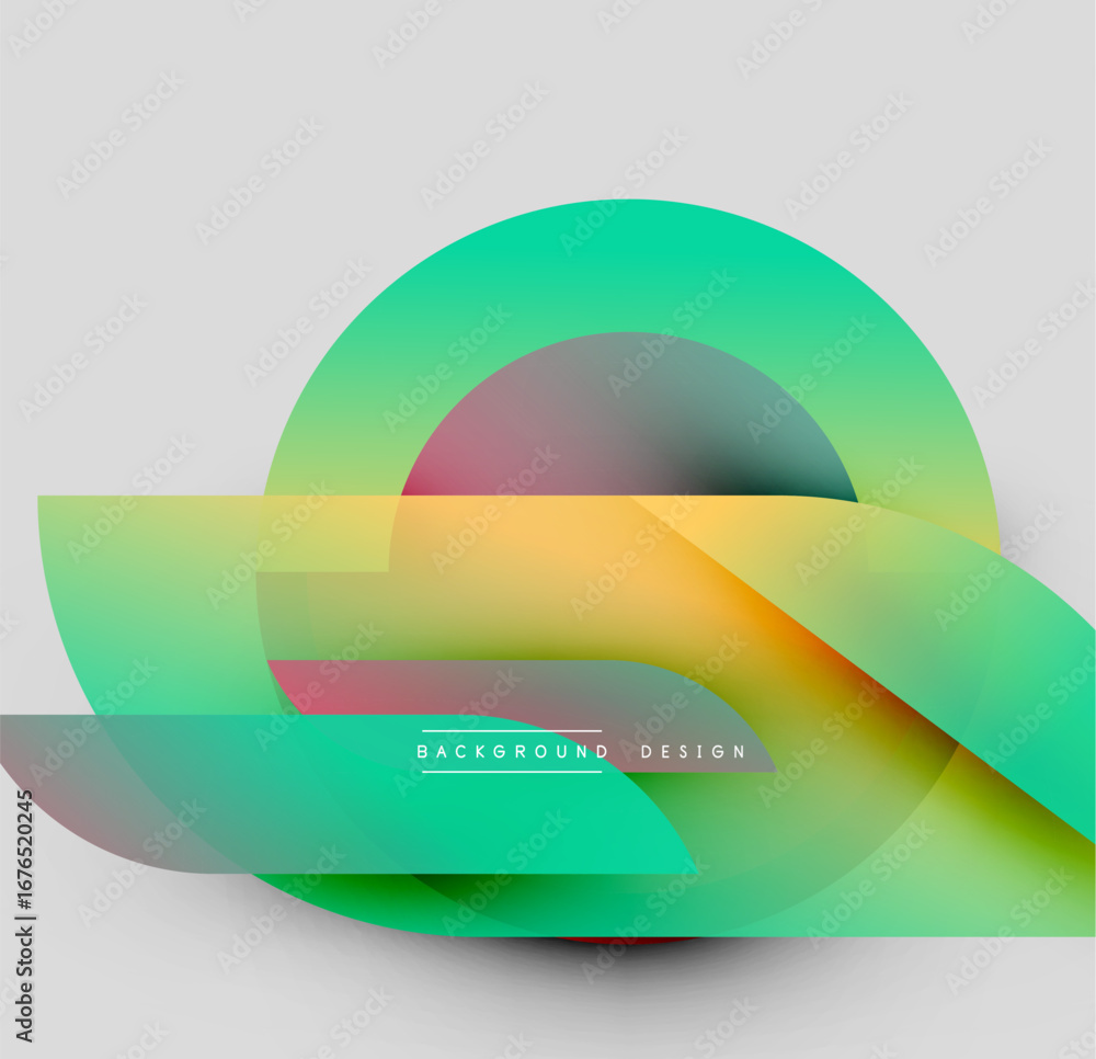 Poster abstract colorful shapes overlap, creating dynamic visual effect. gradient hues blend smoothly, form