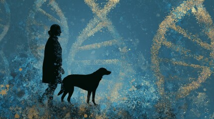 A silhouette figure stands with a dog against a backdrop of DNA double helix in deep blue and gold,